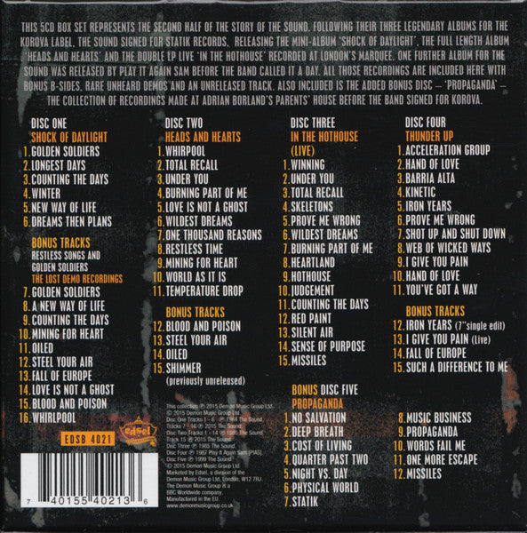 Image of Back Cover of 5xCD - VG+/VG+ - THE SOUND, Shock Of Daylight / Heads And Hearts / In The Hot House / Thunder Up / Propaganda (Edsel Records; EDSB 4021, Europe 2015, Clamshell Box Set, Booklet), ,  - 3216269C
