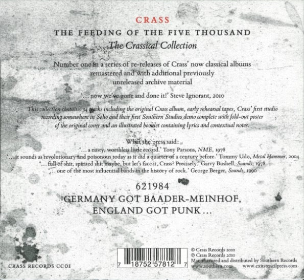 Image of Back Cover of CD - VG+/VG - CRASS, The Feeding Of The Five Thousand (The Crassical Collection) (Crass Records; CC01, UK 2010 Reissue, Gatefold Card Sleeve In Slipcase, Booklet, Miniature Reproduction Crass Poster), Strong VG, A couple of super light marks. ,  - 3216098C