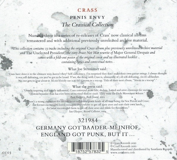 Image of Back Cover of CD - VG/VG+ - CRASS, Penis Envy (The Crassical Collection) (Crass Records; CC03, UK 2010 Reissue, Gatefold Card Sleeve In Slipcase, Booklet, Miniature Reproduction Crass Poster), Just one small pinch to bottom edge of box ,  - 3216099C