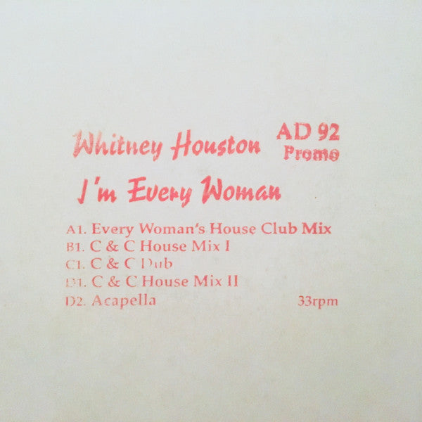Image of Front Cover of 2x12" - G+/VG - WHITNEY HOUSTON, I'm Every Woman (AD92; WHIT 2, UK 1993, White Label, Stamped Sleeve), Sleeve has heavy wear, rough along opening, sticker ghost / glue on front, red ink on reverse, A I'm Every Woman (Every Woman's House Club Mix)B I'm Every Woman (C & C House Mix I)C I'm Every Woman (C & C Dub)D1 I'm Every Woman (C & C House Mix II)D2 I'm Every Woman (Acapella) - 3216192C