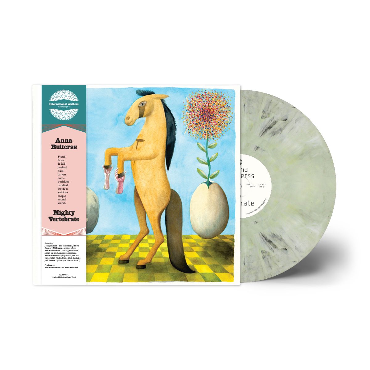 Image of Back Cover of 1xLP - NEW/NEW - ANNA BUTTERSS, Mighty Vertebrate (2026 Reissue) (International Anthem; IARC86LPX, UK 2026 Reissue, Green/Grey Marbled Vinyl), , Mighty Vertebrate is the International Anthem debut from Anna Butterss. The Adelaide-born bassist / composer has been a first call for LA tour and studio work since relocating there in 2014 – racking up credits with notables across the experimental, jazz, and pop worlds alike – but their most notable contributions to the burgeoning LA scene h