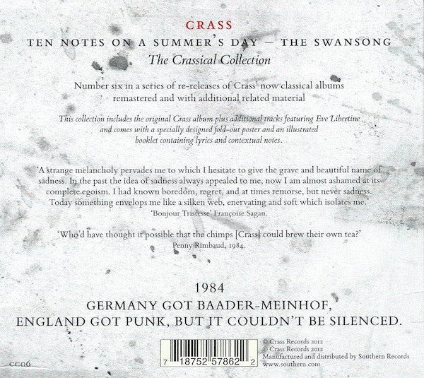 Image of Back Cover of CD - VG+/VG+ - CRASS, Ten Notes On A Summer's Day - The Swansong (The Crassical Collection) (Crass Records; CC06, UK 2012 Reissue, Gatefold Card Sleeve In Slipcase, Booklet, Poster), ,  - 3216241C