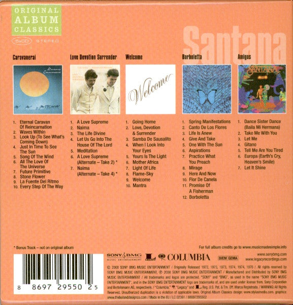 Image of Back Cover of 5xCD - VG+/VG+ - SANTANA, Original Album Classics (Sony BMG Music Entertainment; 88697295502, Europe 2008, Slipcase), ,  - 3216261C