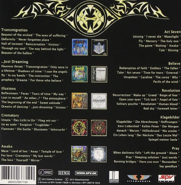 Image of Back Cover of 10xCD - VG+/VG+ - CREMATORY, Inception (10 Original Albums In 1 Box) (Steamhammer; SPV 266719 10CD, Germany 2013, Slipcase), ,  - 3216225C