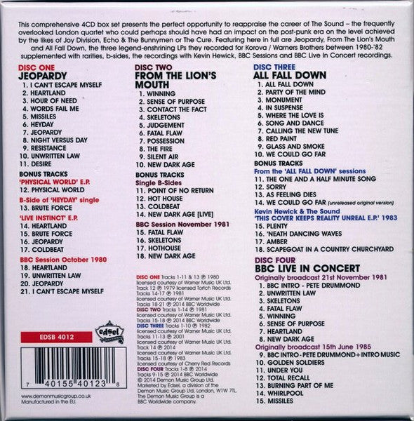 Image of Back Cover of 4xCD - VG+/VG - THE SOUND, Jeopardy / From The Lion's Mouth / All Fall Down ...Plus (Edsel Records; EDSB 4012, Europe 2014, Clamshell Box Set, Booklet), Light cosmetic marks.,  - 3216263C
