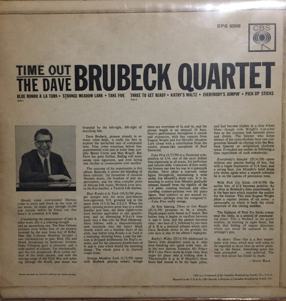 Image of Back Cover of 12" - VG/VG - THE DAVE BRUBECK QUARTET, Time Out (CBS; BPG 62068, UK Reissue), ,  - 3246206S