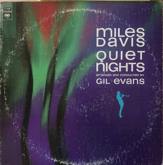 Image of Front Cover of LP - G+/VG - MILES DAVIS, Quiet Nights (Columbia; PC 8906, US 1970s Reissue), Labels have CBS red circular sticker over yellow text. Sleeve worn with some staining, two stickers on either end of spine, and a CBS sticker at top corner of cover. Also splits at corners and some damage along spine,  - 3216315C