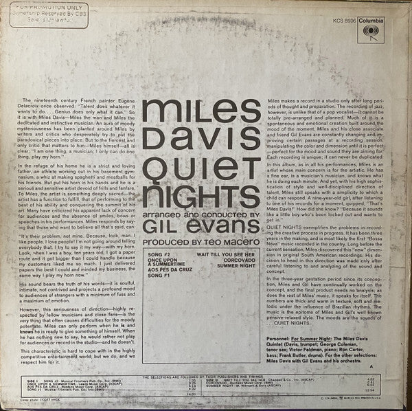 Image of Back Cover of LP - G+/VG - MILES DAVIS, Quiet Nights (Columbia; PC 8906, US 1970s Reissue), Labels have CBS red circular sticker over yellow text. Sleeve worn with some staining, two stickers on either end of spine, and a CBS sticker at top corner of cover. Also splits at corners and some damage along spine,  - 3216315C