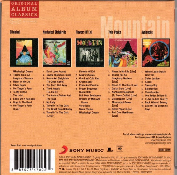 Image of Back Cover of 5xCD - VG+/VG+ - MOUNTAIN, Original Album Classics (Sony Music; 88697647022, Europe 2010, Slipcase), ,  - 3216292C