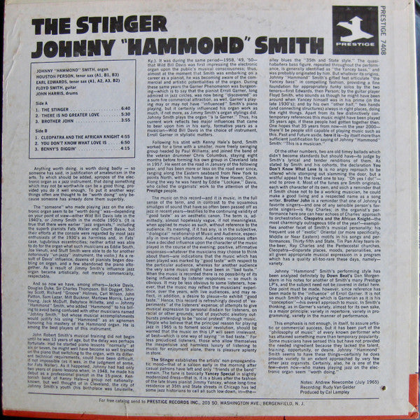 Image of Back Cover of LP - VG/VG - JOHNNY "HAMMOND" SMITH, The Stinger (Prestige; PR 7408, US 1965, Mono), Light hairlines on the record. Sleeve in fine shape but with hole punched through top right (through the 't' of 'Smith') and some pen writing on rear.,  - 3226141E