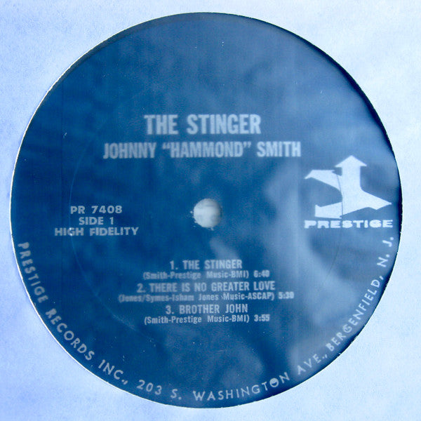 Image of Label Cover of LP - VG/VG - JOHNNY "HAMMOND" SMITH, The Stinger (Prestige; PR 7408, US 1965, Mono), Light hairlines on the record. Sleeve in fine shape but with hole punched through top right (through the 't' of 'Smith') and some pen writing on rear.,  - 3226141E