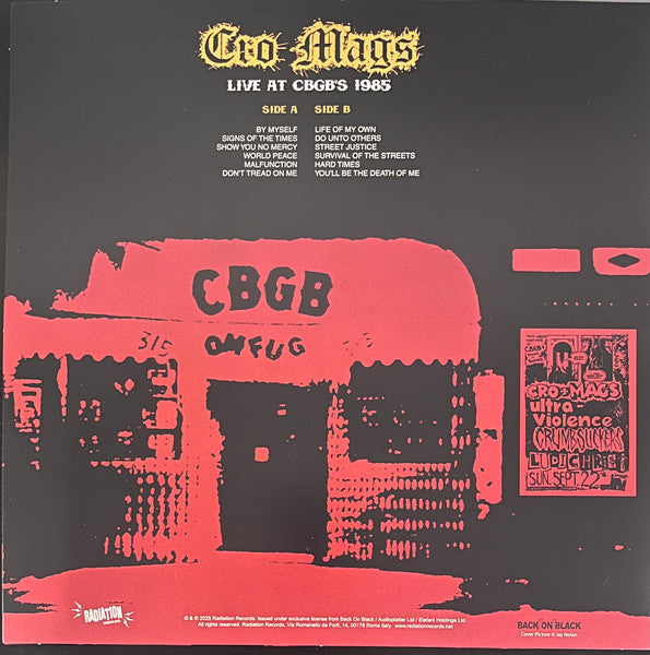 Image of Back Cover of LP - VG+/VG+ - CRO-MAGS, Live At CBGB's 1985 (Radiation Reissues; RRS274, Europe 2026, Yellow/Red splatter Vinyl, Ltd to 300), ,  - 3246178S