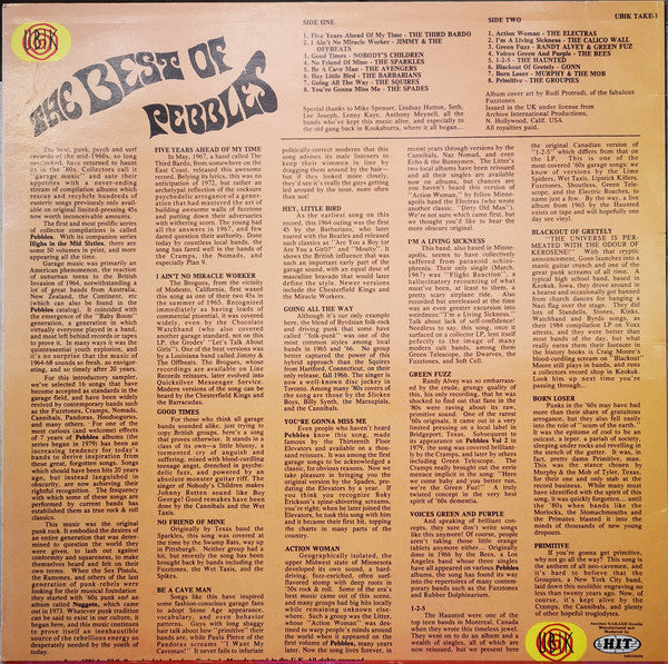 Image of Back Cover of LP - VG+/VG+ - VARIOUS, Get Primitive! The Best Of Pebbles, Volume One: The Originals (Ubik Records; TAKE-1, UK 1986, Orange marbled vinyl), ,  - 3226269E
