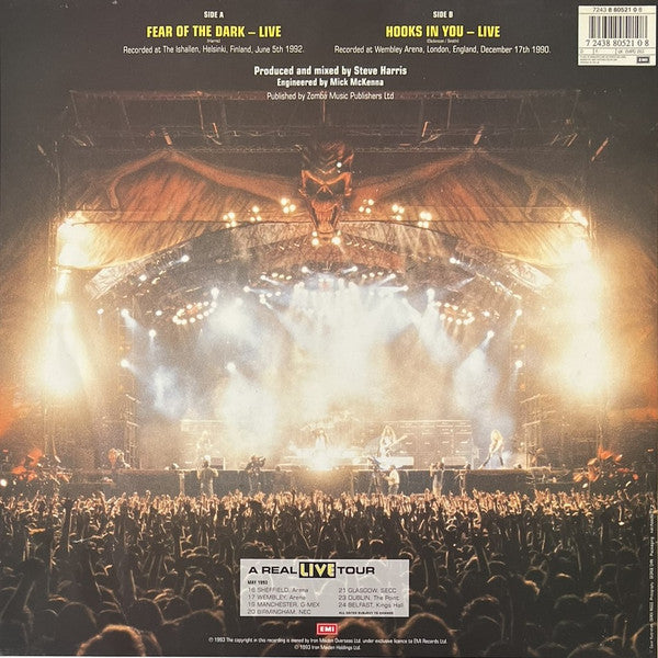 Image of Back Cover of 7" - VG/VG+ - IRON MAIDEN, Fear Of The Dark Live (EMI; EMPD263, UK 1993, Clear Plastic Sleeve With Card Inner, Shaped Picture Disc, Numbered Limited Edition, Correct Pressing - Plays Fear of the Dark Live on B-Side), N0. 17087,  - 3226174E
