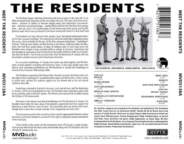 Image of Back Cover of CD - VG+/VG+ - THE RESIDENTS, Meet The Residents (MVD Audio; MVD5138A, US 2011 Reissue, Jewel Case), ,  - 3216312C