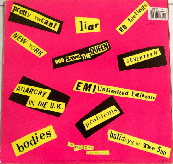 Image of Back Cover of LP - VG+/VG - SEX PISTOLS, Never Mind The Bollocks Here's The Sex Pistols (Virgin Green/Red; 25 593 XOT, Europe 1987 Reissue), ,  - 3226301E