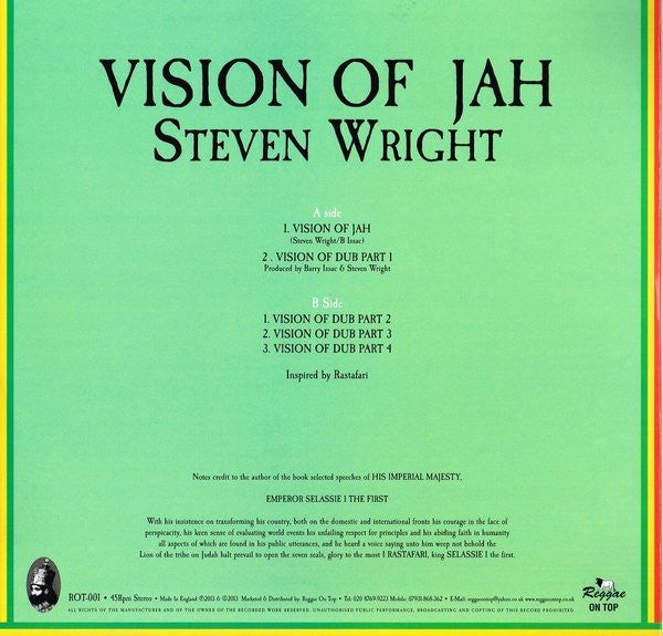 Image of Back Cover of 12" - VG+/VG+ - STEVEN WRIGHT, Vision Of Jah / Dub 1+2+3+4 (Reggae On Top; ROT001, UK 2013 Reissue, Picture Sleeve), ,  - 3216350C