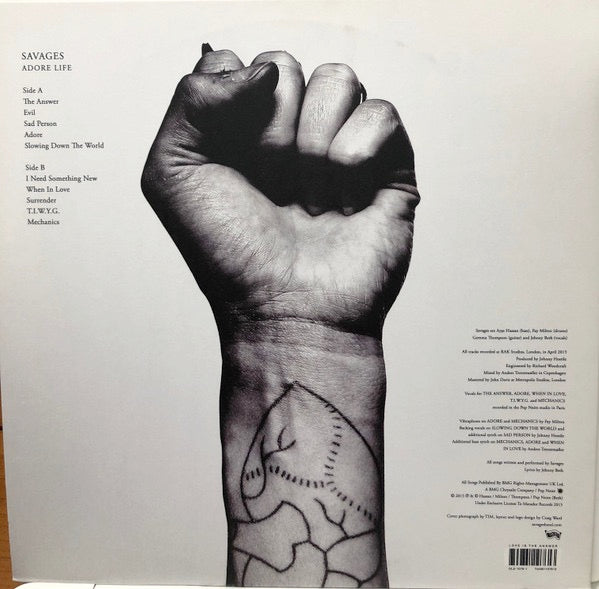 Image of Back Cover of LP - VG+/VG+ - SAVAGES, Adore Life (Matador; OLE-1076-1, UK, Europe & US 2016, Gatefold, Signed Print, MPO matrix, Print Ltd to 200), Print signed by whole band, NB Discogs states print only came with GZ pressing but this is MPO,  - 3246224S