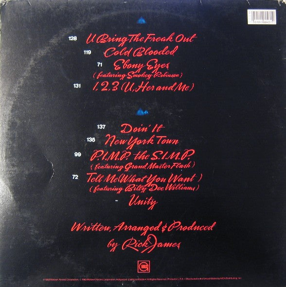 Image of Back Cover of LP - VG/VG+ - RICK JAMES, Cold Blooded (Gordy; 6043GL, US 1983, Gatefold, Inner), Sleeve worn with notched cut-out,  - 3216341C