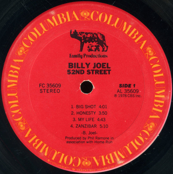 Image of Label Cover of LP - VG/VG+ - BILLY JOEL, 52nd Street (Columbia; FC 35609, US 1978), ,  - 3226326E
