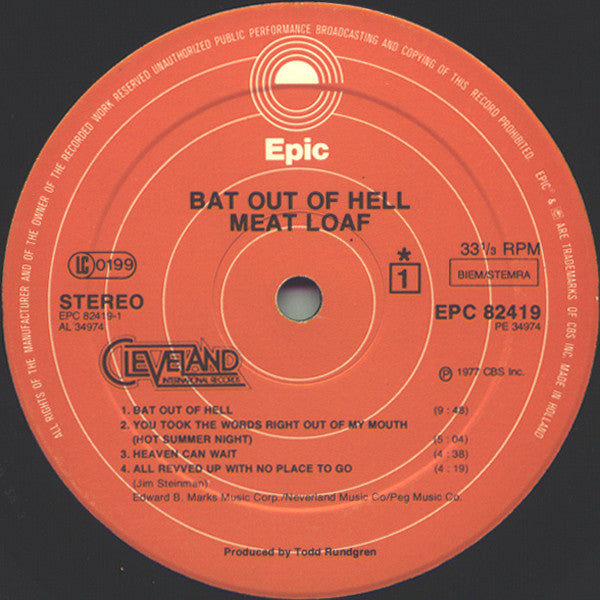 Image of Label Cover of LP - VG/VG - MEAT LOAF, Bat Out Of Hell (Epic; EPC 82419, Europe , Inner), ,  - 3226308E