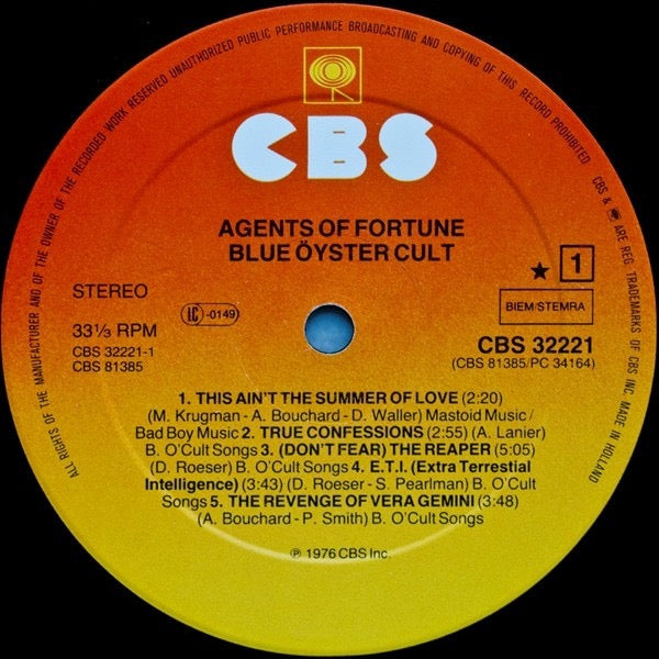 Image of Label Cover of LP - VG/VG - BLUE  YSTER CULT, Agents Of Fortune (CBS Sunburst Labels; 32221, Europe 1982 Reissue), ,  - 3216258C
