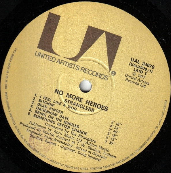 Image of Label Cover of LP - VG/VG+ - THE STRANGLERS, No More Heroes (United Artists Records; UAL 24070, Italy 1977), ,  - 3226311E