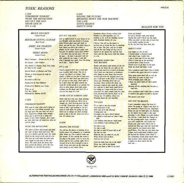 Image of Back Cover of LP - VG+/VG - TOXIC REASONS, Bullets For You (Alternative Tentacles; VIRUS 55, UK 1986), Strong VG. Light marks only,  - 3226342E