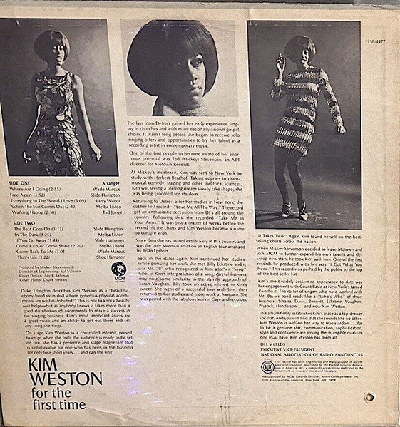 Image of Back Cover of LP - G+/VG - KIM WESTON, For The First Time (MGM Records; E-4477, US 1967, Pasteback Sleeve), Shiny disc, a couple of light marks only. Sleeve shows ringwear, partial splits on seams, punch hole, general wear. It is intact and still looks nice.,  - 3246273S