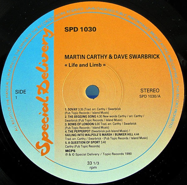 Image of Label Cover of LP - VG+/VG - MARTIN CARTHY & DAVE SWARBRICK, Life And Limb (Special Delivery; SPD 1030, UK 1990), Strong VG, Light mottled marks,  - 3216403C