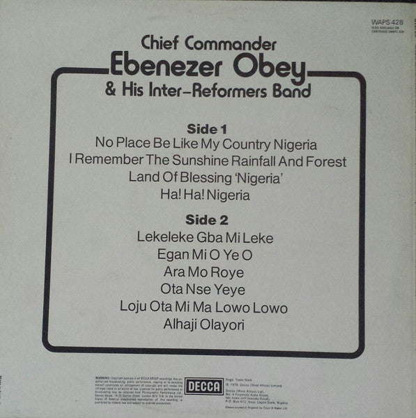 Image of Back Cover of LP - G+/G+ - CHIEF COMMANDER EBENEZER OBEY & HIS INTER-REFORMERS BAND, Chief Commander Ebenezer Obey & His Inter-Reformers Band (Decca; WAPS 428, UK 1978), Light marks only, plays G+/VG.,  - 3246287S