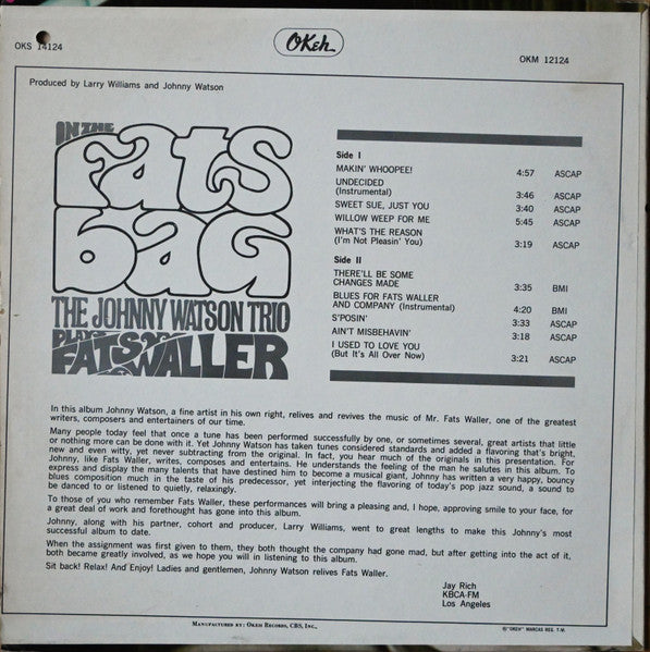 Image of Back Cover of LP - VG+/VG+ - THE JOHNNY WATSON TRIO, In The Fats Bag - The Johnny Watson Trio Plays Fats Waller (OKeh; OKS 14124, Canada 1967), Sleeve and record in great condition, still in opened shrinkwrap.,  - 3246291S