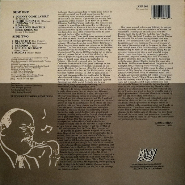 Image of Back Cover of LP - VG/VG - BEN WEBSTER, Live In Amsterdam (Affinity; AFF 202, Europe 1989), Old sticker on rear sleeve,  - 3216432C