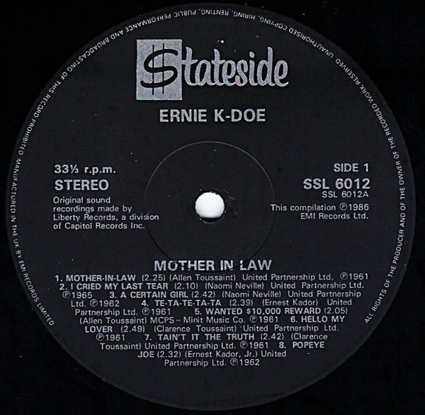 Image of Label Cover of LP - G+/VG - ERNIE K-DOE, Mother-In-Law (Stateside; SSL 6012, UK 1986), ,  - 3246342S