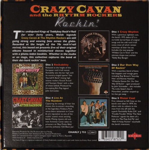 Image of Back Cover of 5xCD - VG+/VG+ - CRAZY CAVAN AND THE RHYTHM ROCKERS, Rockin' (Charly Records; CHARLY J 752, UK 2014, Clamshell Box Set, Booklet), One light mark on disc 3.,  - 3216474C