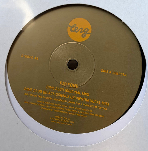 Image of Front Cover of LP - /VG+ - PAYFONE, Dime Algo w/ Black Science Orchestra Remix (Leng; LENG075, UK 2026), ,  - 3226376E