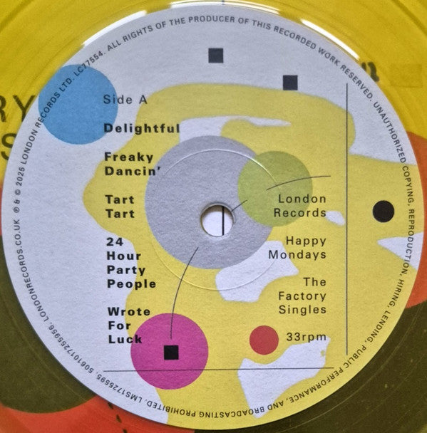 Image of Label Cover of 2xLP - EX/EX - HAPPY MONDAYS, The Factory Singles (London Records ; LMS1725595, Worldwide 2025, Gatefold, 2 Inners, One LP Yellow, One LP Magenta), Still In Stickered Shrinkwrap,  - 3226246E