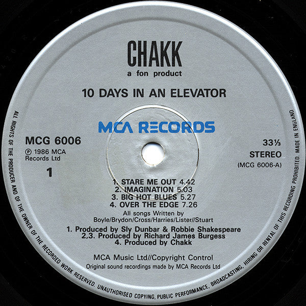 Image of Label Cover of 2xLP - VG+/VG+ - CHAKK, 10 Days In An Elevator (MCA Records; MCG 6006, UK 1986, 2 Inners, LP with bonus 12" EP), ,  - 3246331S