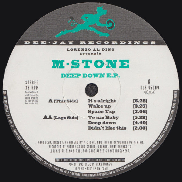 Image of Front Cover of 12" - VG+/VG - LORENZO AL DINO PRESENTS M-STONE, Deep Down E.P. (Dee-Jay Recordings ; DJR 95009, Austria 1995, Company Sleeve), light marks only. one small pressing defect - v. minor,  - 3346033S