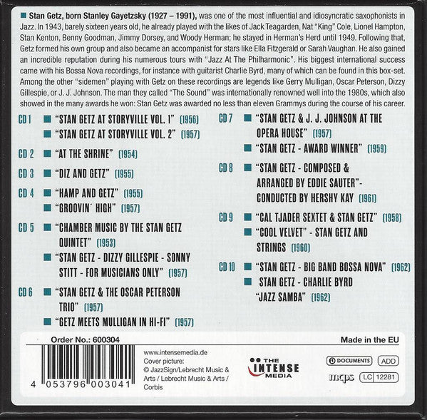 Image of Back Cover of 10xCD - VG+/VG+ - STAN GETZ, Milestones Of A Legend (The Intense Media; 600304, USA & Europe 2016, Box Set, Booklet), ,  - 3336004E