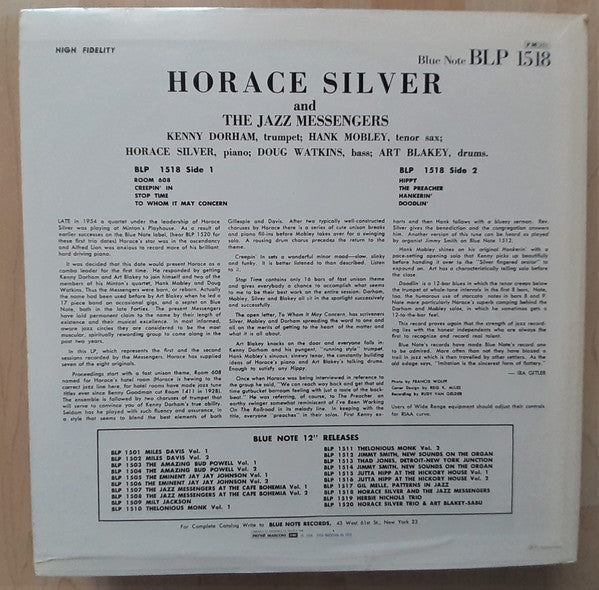 Image of Back Cover of LP - VG/VG - HORACE SILVER AND THE JAZZ MESSENGERS, Horace Silver And The Jazz Messengers (Blue Note; BLP 1518, France 1982 Reissue, Mono), ,  - 3326026E
