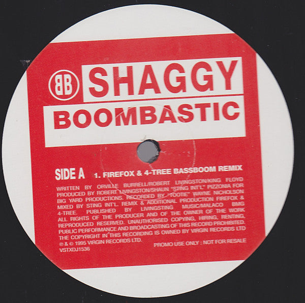 Image of Back Cover of 12" - /VG - SHAGGY, Boombastic (Jungle Mixes) (Virgin; VSTXDJ 1536, UK 1995, Plain Sleeve), Light marks only, A	Firefox & 4-Tree Bassboom RemixB	Boom The Dance Hall Dub - 3326010E