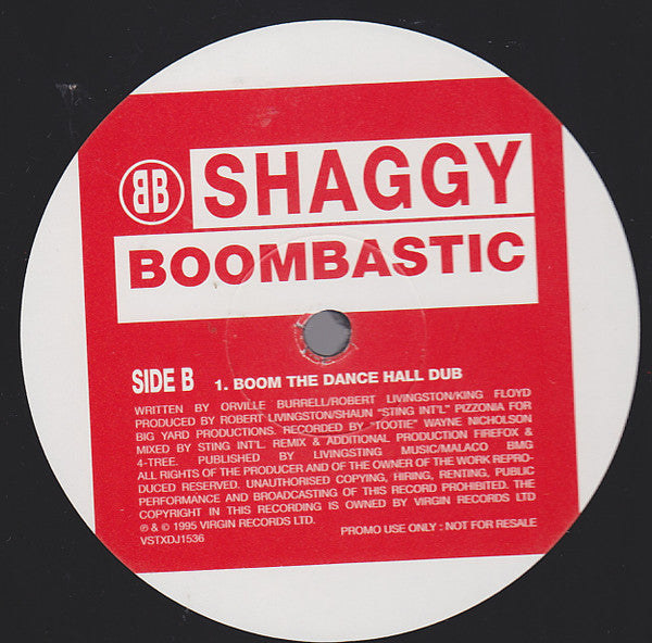 Image of Label Cover of 12" - /VG - SHAGGY, Boombastic (Jungle Mixes) (Virgin; VSTXDJ 1536, UK 1995, Plain Sleeve), Light marks only, A	Firefox & 4-Tree Bassboom RemixB	Boom The Dance Hall Dub - 3326010E