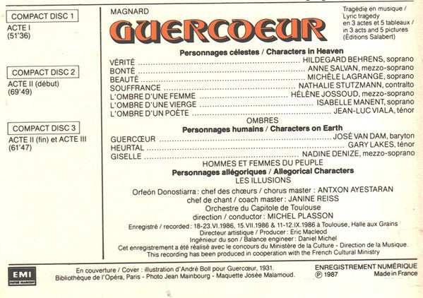 Image of Back Cover of 3xCD - VG+/VG+ - MICHEL PLASSON, JOS  VAN DAM, HILDEGARD BEHRENS, GARY LAKES, NADINE DENIZE, ORFE N DONOSTIARRA, ORCHESTRE NATIONAL DU CAPITOLE DE TOULOUSE, Magnard: Guerc ur (Angel Records Digital; 7491938, France 1987, Box Set, Booklet), ,  - 3336006E
