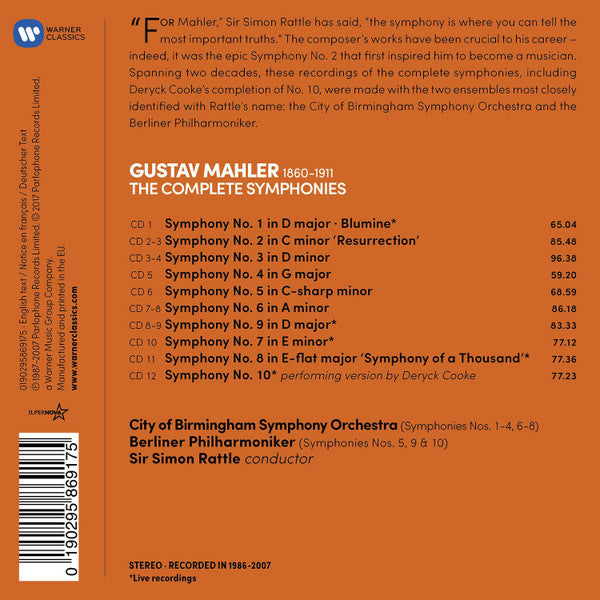 Image of Back Cover of 12xCD - VG+/VG+ - SIMON RATTLE, BERLINER PHILHARMONIKER, CITY OF BIRMINGHAM SYMPHONY ORCHESTRA, Mahler: The Complete Symphonies (Warner Classics; 0190295869175, Europe 2017, Box Set, Booklet), ,  - 3336009E