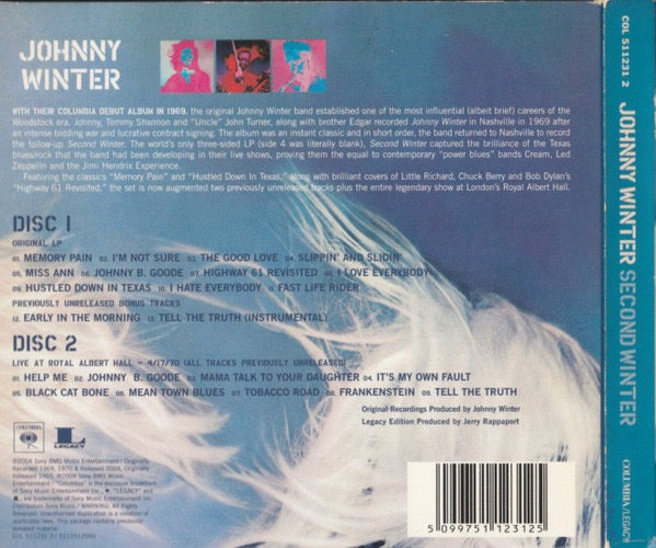 Image of Back Cover of 2xCD - VG/VG+ - JOHNNY WINTER, Second Winter (Columbia; COL 511231 2, Europe 2004 Reissue, Double Digipak In Slipcase, Booklet), ,  - 3316008C