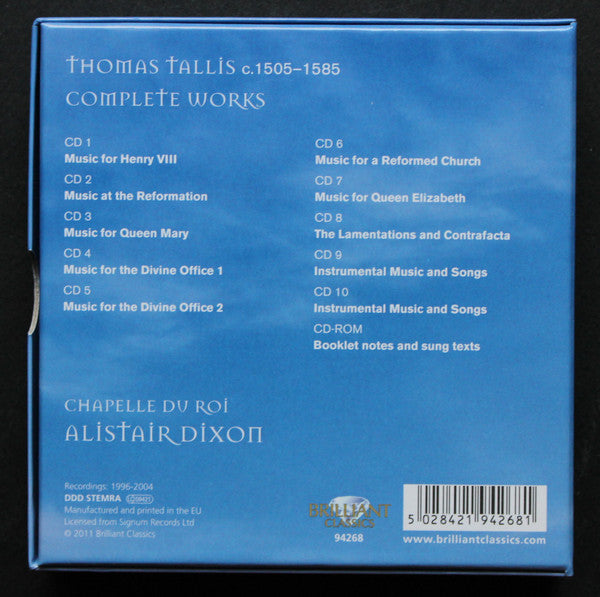 Image of Back Cover of 11xCD - VG+/VG+ - ALISTAIR DIXON, CHAPELLE DU ROI, Tallis: Complete Works (Brilliant Classics; 94268, Europe 2011 Reissue, Box Set, Booklet, 10 CDs and CRDOM), ,  - 3336010E