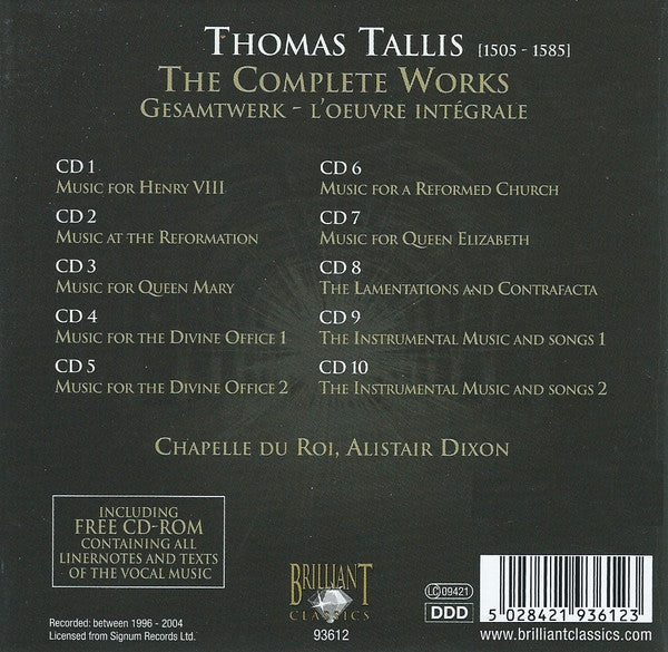 Image of Back Cover of 11xCD - VG+/VG+ - ALISTAIR DIXON, CHAPELLE DU ROI, Tallis: Complete Works (Brilliant Classics; 94268, Europe 2011 Reissue, Box Set, Booklet, 10 CDs and CRDOM), ,  - 3336014E