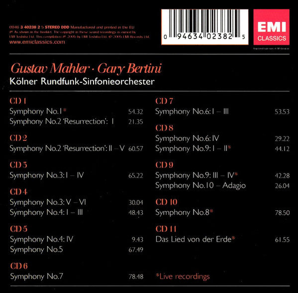 Image of Back Cover of 11xCD - VG+/VG+ - GARY BERTINI, K LNER RUNDFUNK-SINFONIEORCHESTER, Mahler: Symphonies 1-10   Das Lied Von Der Erde (EMI Classics; 3 40238 2, Europe 2005, Box Set, Booklet), ,  - 3336016E