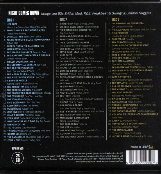 Image of Back Cover of 3xCD - VG+/VG+ - VARIOUS, Night Comes Down (60s British Mod, R&B, Freakbeat & Swinging London Nuggets) (RPM Records; RPMBX 535, UK 2017, Box Set, Booklet), ,  - 3336026E